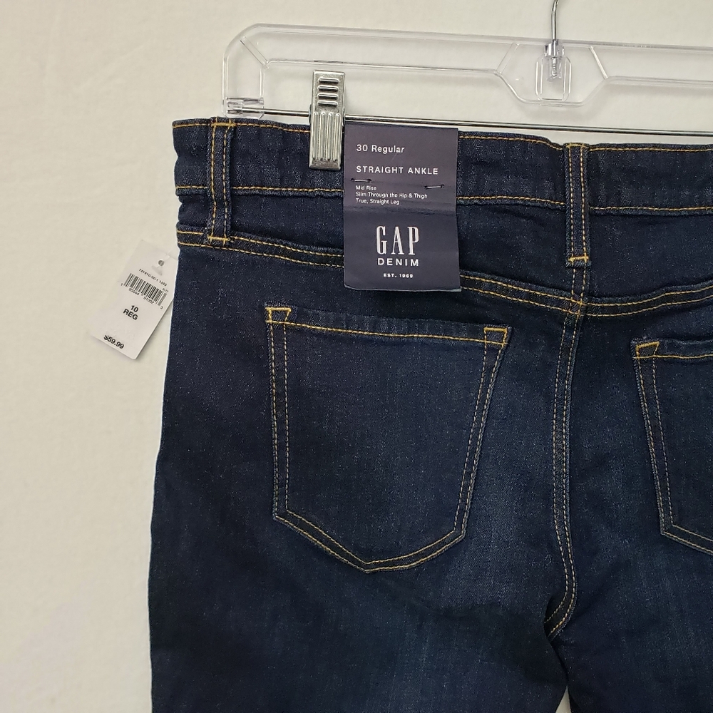 GAP Straight Ankle Jeans Women 10/30R High Rise Dark Blue Denim Whiskers NWT - Picture 6 of 10